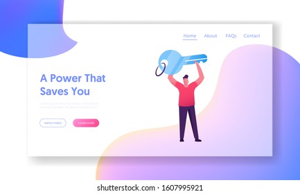 Authorization in Security System Website Landing Page. Man Holding Huge Key for Account or Smartphone Access Control. Identification of Person Web Page Banner. Cartoon Flat Vector Illustration