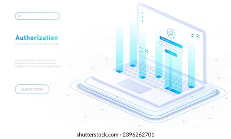 Authorization in system white poster. Safety of personal data on internet. Access to profile or account. Landing page design. Cartoon isometric vector illustration isolated on white background