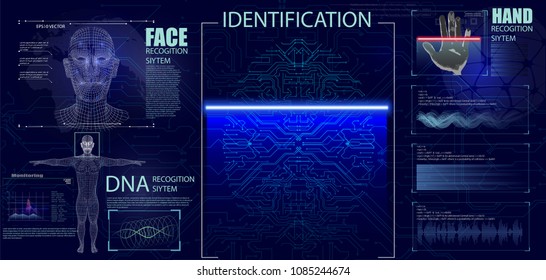 Authorization verification biometric scanners set of editable text and neon colored electronic interface elements for identification vector illustration