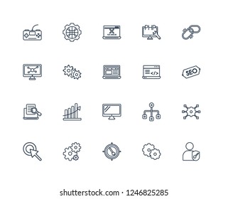 Authorize, Cogwheel, SEO Keywords, Seo Configuration, Click, Broken link, Clean code, Screen, Search, Engineering, Error 404 outline vector icons from 20 set