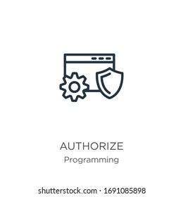 Autorisieren Sie das Symbol. Dünne Lineare autorisieren ein Kontursymbol einzeln auf weißem Hintergrund aus der Programmierkollektion. Vektorillustration der Linie, Symbol für Web und Mobilfunk
