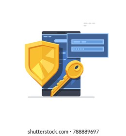 Authorize login screen.Smartphone cyber security concept with yellow shield and key.Flat illustration on white background