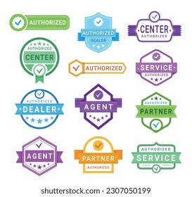 Authorized center dealer service partner agent certified badge set isometric vector illustration. Check mark approved authorization tag ribbon best quality control label business brand confirmation