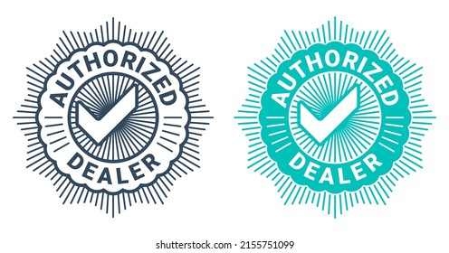 Authorized Dealer flat stamp in circular shape with check mark. Verified dealer isolated badge