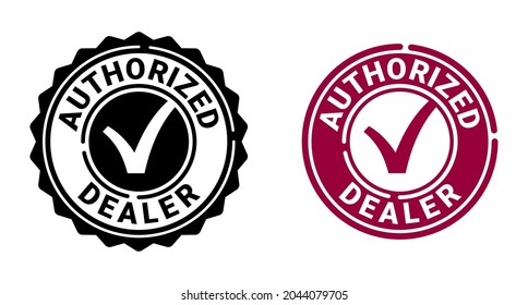 Authorized dealer icon in red circular seal stamp with check mark. Verified seller isolated badge