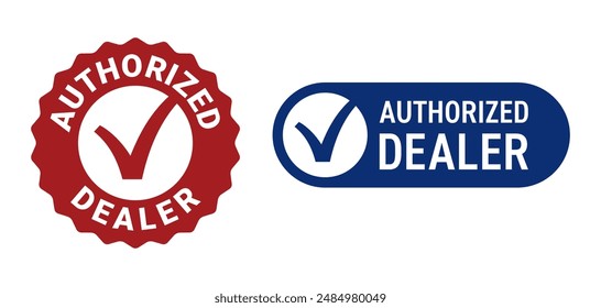 Icono de distribuidor autorizado en sello circular rojo con marca de verificación y versión Horizontal. Insignia aislada de vendedor verificado