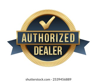 Etiqueta de distribuidor autorizado con marca de verificación y versión Horizontal. Insignia de oro del vendedor verificado