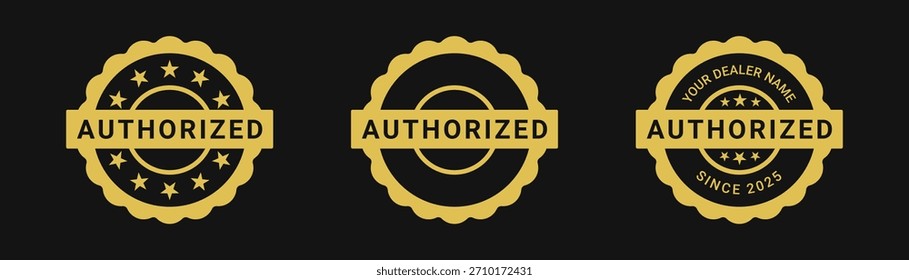 Etiqueta o sello de Vector del distribuidor autorizado. Conjunto de logotipo de distribuidor autorizado de oro