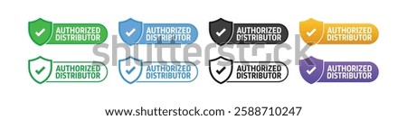 Authorized Distributor Label, Badge, Sticker, Stamp, Imprint, Seal Template with shield and tick mark on isolated white background suitable for product authenticity. Vector Illustration.