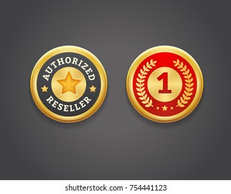 Authorized reseller and first place round metallic badges. Vector golden labels on grey background for product packaging