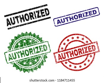 AUTHORIZED seal prints with distress surface. Black, green,red,blue vector rubber prints of AUTHORIZED label with scratched surface. Rubber seals with circle, rectangle, medal shapes.