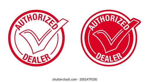 Authorized seller icon in red circular stamp with check mark. Verified dealer isolated badge