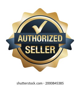 Authorized seller icon in style of golden medal with check mark. Verified dealer isolated badge