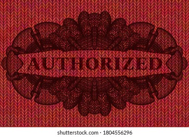 Texto autorizado dentro de la insignia de tela de madera de color rojo Guilloche. Fondo elegante de tela. Ilustración vectorial. 