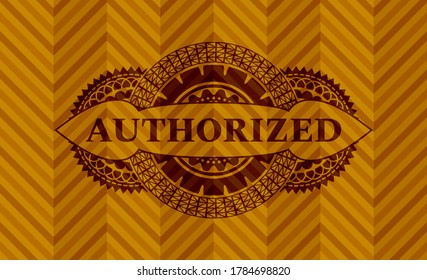 Authorized text inside orange color realistic emblem. Geometric chic background. Intense illustration. 