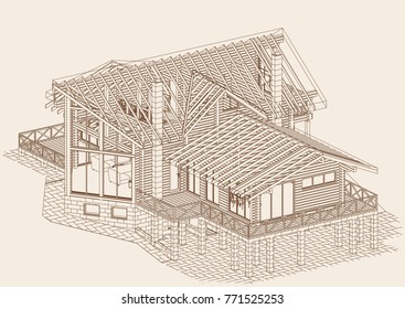 The author's architectural project of the bricks and wooden building from glued beams, roofs, terrace, residential house , 3d, perspective, blueprint. Vector.
