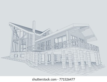 The author's architectural project of the bricks and wooden building from glued beams, roofs, terrace, residential house , 3d, perspective, blueprint. Vector.