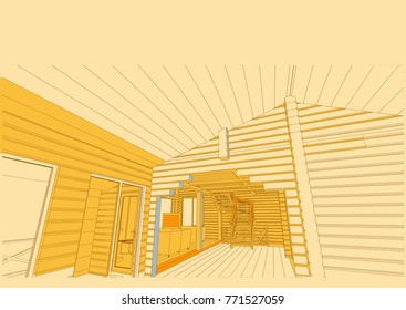The author's architectural project of the bricks and wooden building from glued beams, interior, residential house, livig room, stairs, 3d, perspective, blueprint. Vector.