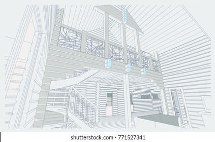 The author's architectural project of the bricks and wooden building from glued beams, interior, residential house, livig room, stairs, gallery,  3d, perspective, blueprint. Vector.