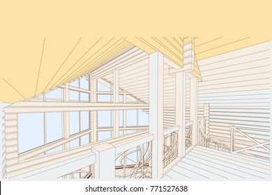 The author's architectural project of the bricks and wooden building from glued beams, interior, residential house, livig room, stairs, gallery,  3d, perspective, blueprint. Vector.