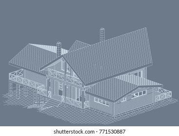 The author's architectural project of the bricks and wooden building from glued beams, roofs, terrace, residential house , 3d, perspective, blueprint. Vector.
