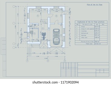 The author's architectural project of the  building, residential house, 3d, plan, blueprint. Vector.