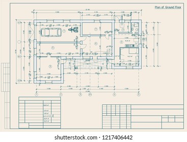 The author's architectural project of the  building, residential house, 3d, plan, blueprint. Vector.