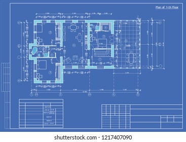 The author's architectural project of the  building, residential house, 3d, plan, blueprint. Vector.