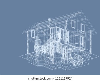 The author's architectural project of the  building, roofs, rafters, terrace, residential house, 3d, perspective, facade, blueprint. Vector.

