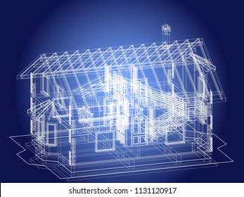 The author's architectural project of the  building, roofs, rafters, terrace, residential house, 3d, perspective, facade, blueprint. Vector.