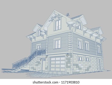 The author's architectural project of the building, roofs, rafters, terrace, car, residential house, 3D, perspective, fasade, blueprint. Vector.