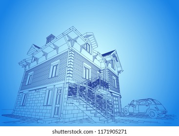The author's architectural project of the building, roofs, rafters, terrace, car, residential house, 3D, perspective, fasade, blueprint. Vector.