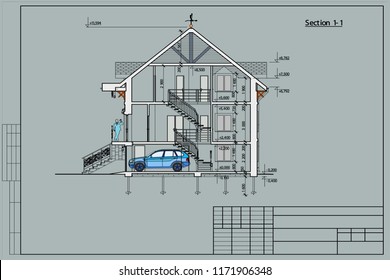 The author's architectural project of the building, roofs, rafters, terrace, residential house, 3D, perspective, section, blueprint. Vector.
