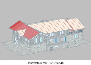 The author's architectural project of the  building, roofs, rafters, terrace,car, residential house, 3d, perspective, fasade, blueprint. Vector.