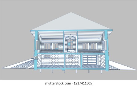 The author's architectural project of the  building, roofs, rafters, terrace, residential house, 3d, perspective, section, blueprint. Vector.