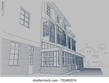The author's architectural project of the old house. Perspective view with human growth of the building with a glass extension. Blueprint, 3d, realistic. Vector.