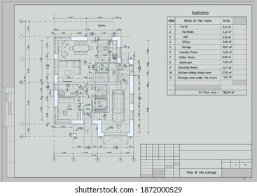 Author's architectural project. Plan of an individual residential house in a rural area with a garage and an outdoor terrace. Architectural project, bluprint. Vector.