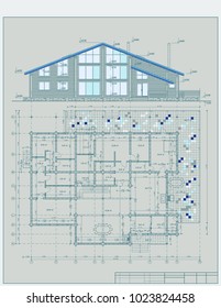 The author's architectural project of the wooden building from glued beams, roofs, terrace, residential house, plan and elevations, 3d, perspective, blueprint. Vector.