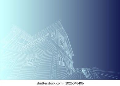 The author's architectural project of the wooden building from glued beams, roofs, terrace, residential house , 3d, perspective, blueprint. Vector.