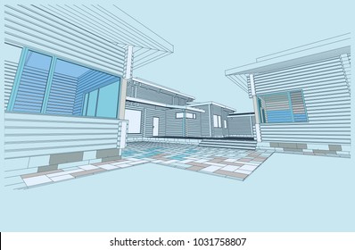 The author's architectural project of the wooden building from glued beams, roofs, terraces, residential house , 3d, perspective, blueprint. Vector.