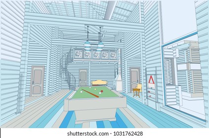 The author's architectural project of the wooden building from glued beams, roofs, interior,fireplace, staircase, gallery, residential house , 3d, perspective, blueprint. Vector