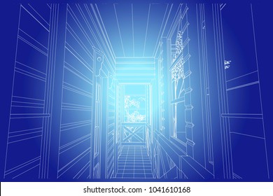 The author's architectural project of the wooden building from glued beams, roofs, glazed terrace, the interior, residential house , 3d, perspective, blueprint. Vector.