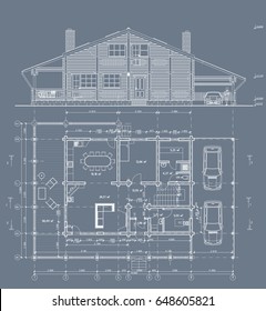 The author's architectural project of the wooden building from glued beams, plane, facade, private individual house, the blueprint. Vector.