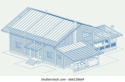 The author's architectural project of the wooden building from glued beams, rafters, roofs, terrace,  barbecue, parking , residential house, 3d, axonometric view,  view from height, blueprint. Vector.