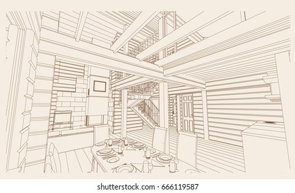 The author's architectural project of the wooden building from glued beams, interior of living room with fireplace, with  the stairs to the gallery, hall, the blueprint. Vector.