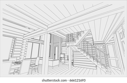The author's architectural project of the wooden building from glued beams, interior of living room with fireplace, with  the stairs to the gallery, hall, the blueprint. Vector.