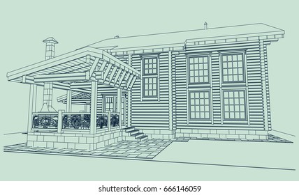 The author's architectural project of the wooden building from glued beams, terrace with barbecue, covered parking for cars, residential house, 3d, perspective,  blueprint. Vector