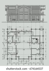 The author's architectural project of the wooden building from glued beams, plane, facade, private individual house, terrace with barbecue, the blueprint. Vector.