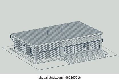 The author's architectural project of the wooden building from glued beams, rafters, roofs, terrace with barbecue, residential house, 3d, isometric, a view from a height, blueprint. Vector.