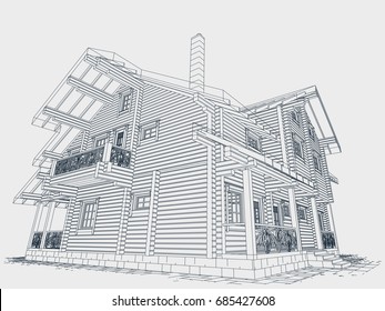 The author's architectural project of the wooden building from glued beams, terrace with barbecue,  residential house, 3d, perspective, realistic, blueprint. Vector.